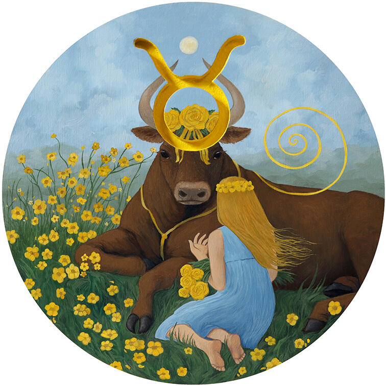 Taurus (2024) 10" x 10" round, oil on birch panel