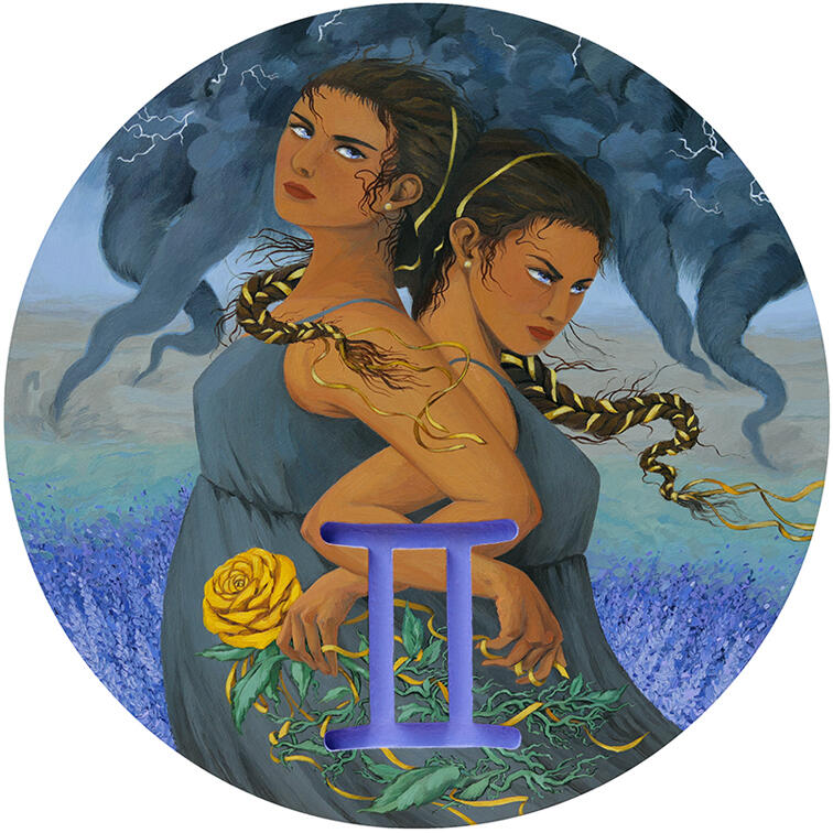 Gemini (2025) 10" x 10" round, oil on birch panel