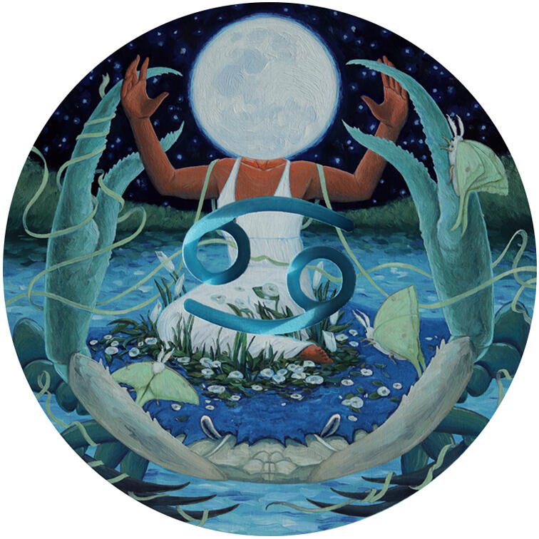 Cancer (2025) 10" x 10" round, oil on birch panel